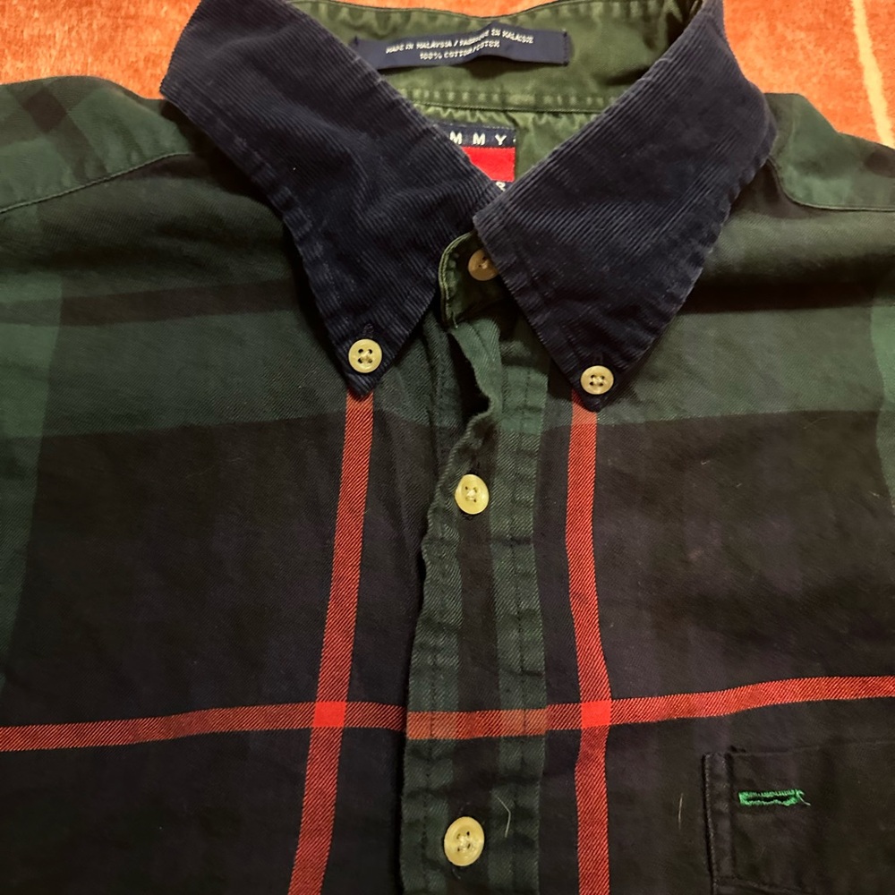 Tommy Hilfiger Navy & Green Plaid Button-Down Shirt with Red Accents - Picture 3 of 4